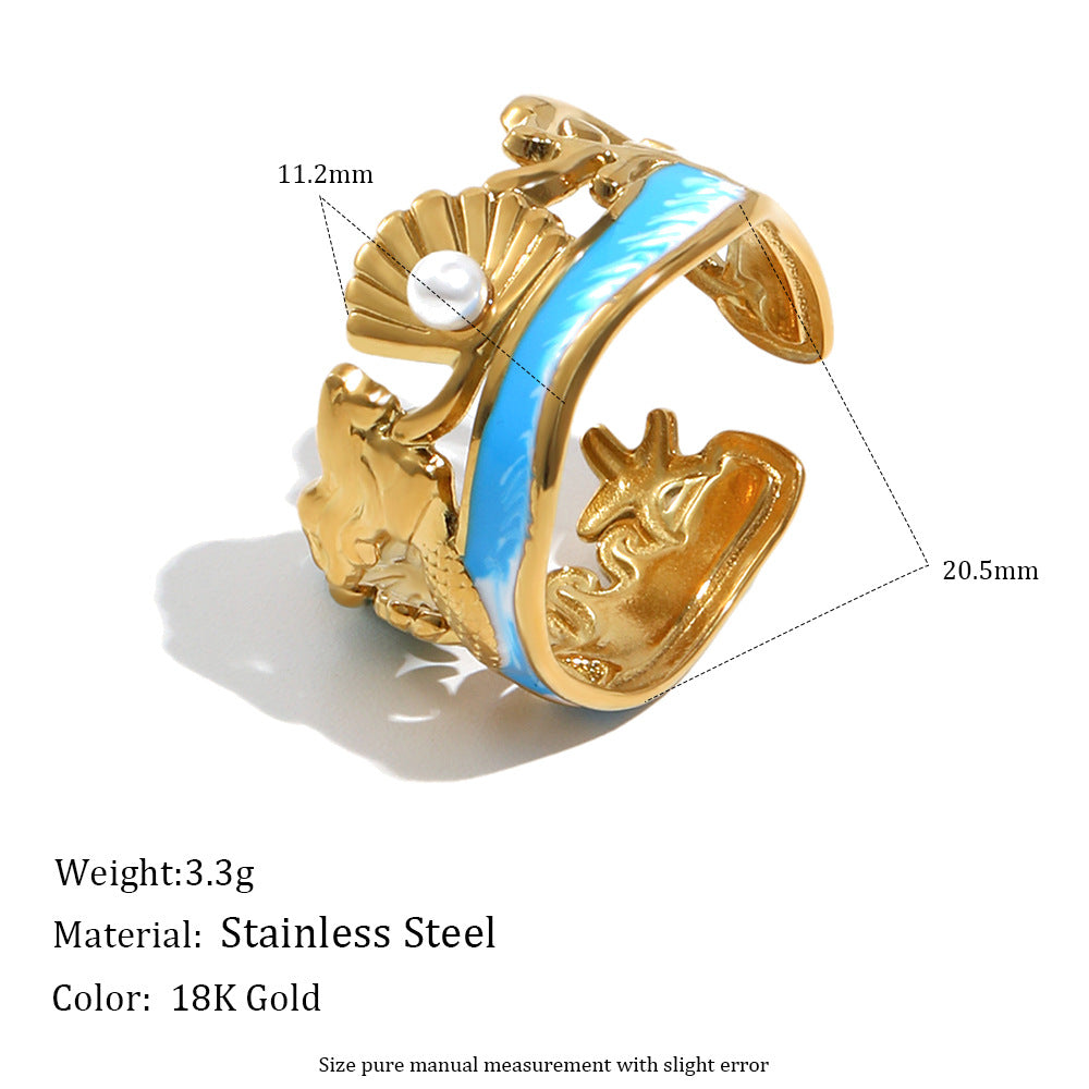 Minimalist Vacation-Style Stainless Steel Plated 18K Gold Starfish and Scallop Open Ring with Line Design