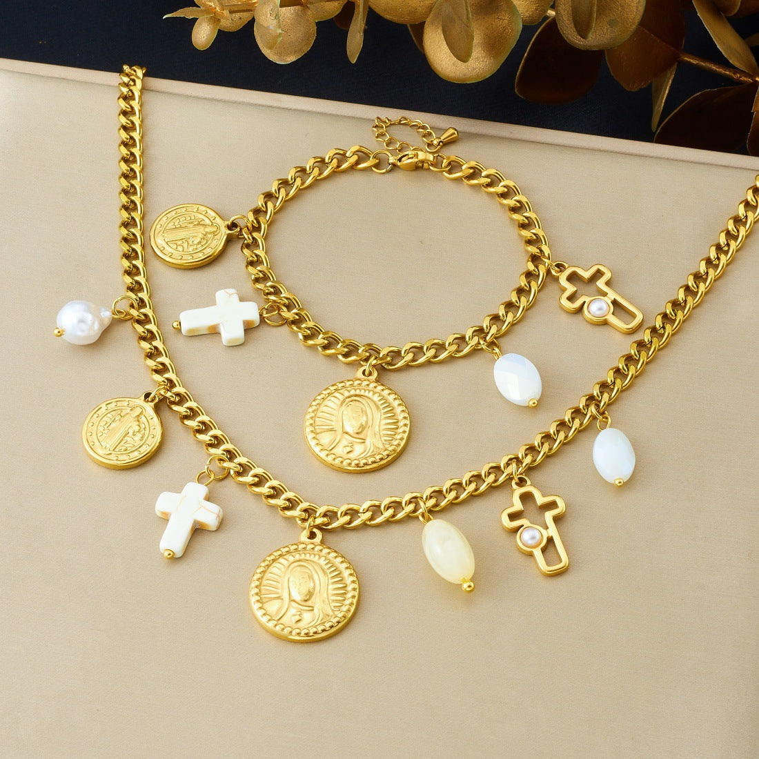 Vintage Elegant Oval Cross Relief Stainless Steel Pendant Necklace Set for Women