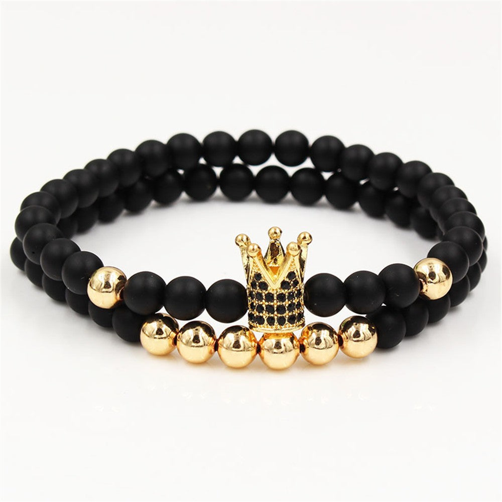 Set di bracciali a strati Punk Dark con ossidiana nera, occhio di Allah e ciondoli a forma di corona in zircone, unisex