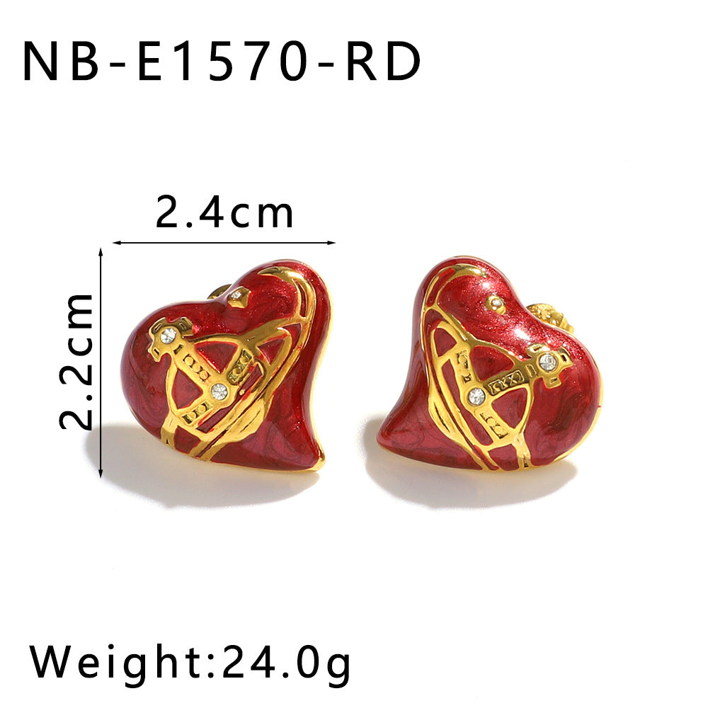Minimalist Heart-Shaped Stainless Steel Stud Earrings with 18K Gold Plating and Rhinestone Inlay for Women