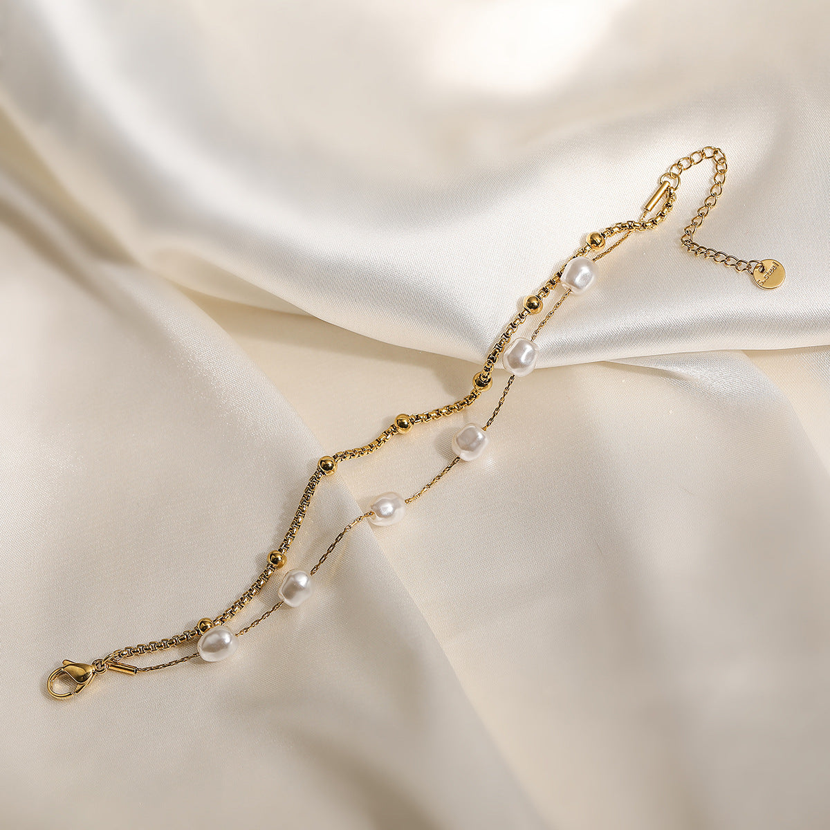 Minimalist Gold Plated Geometric Stainless Steel Bracelet with Pearl Irregular Double Layer Design for Women