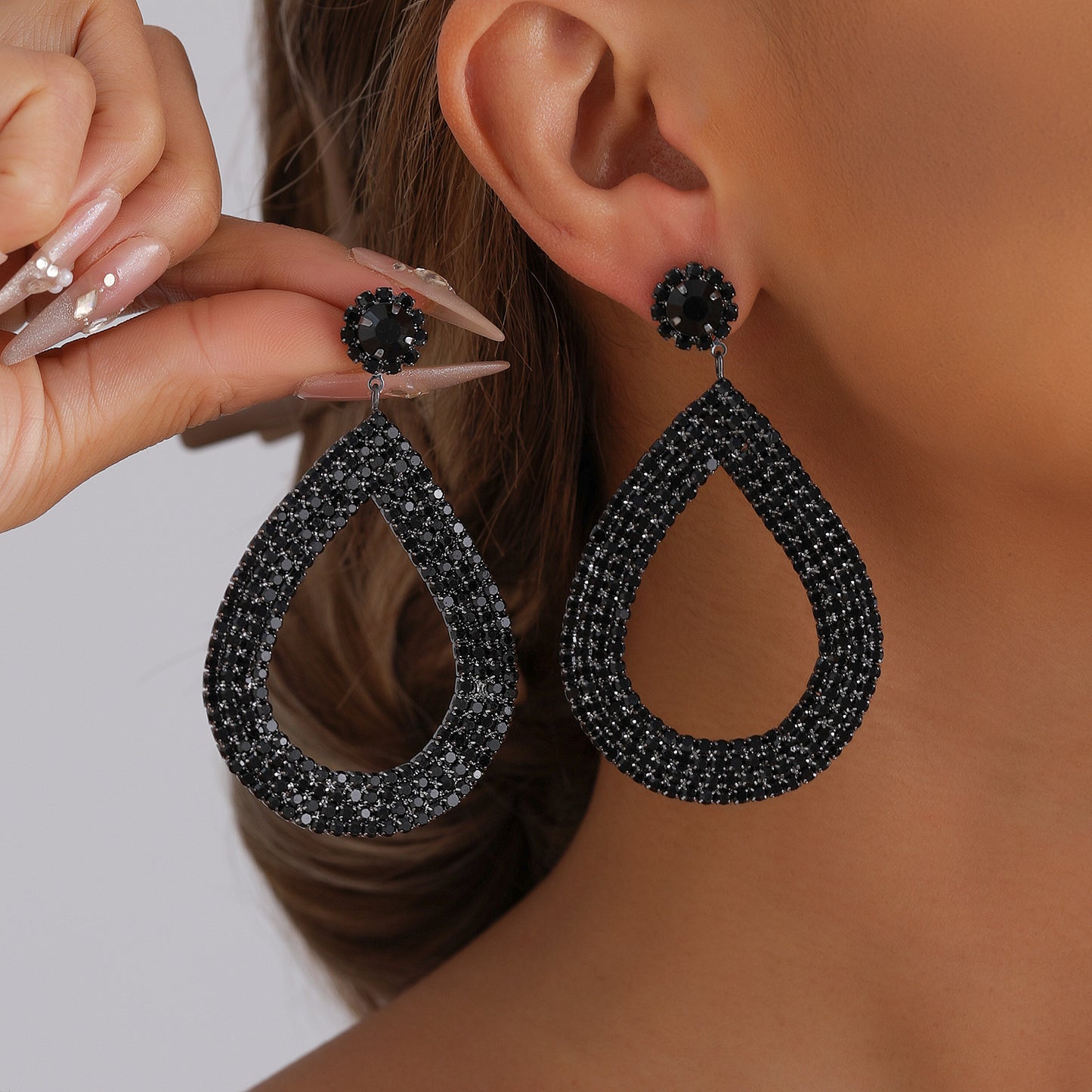 Vintage Geometric Zinc Alloy Electroplated Hoop Earrings with Rhinestone Accents for Women