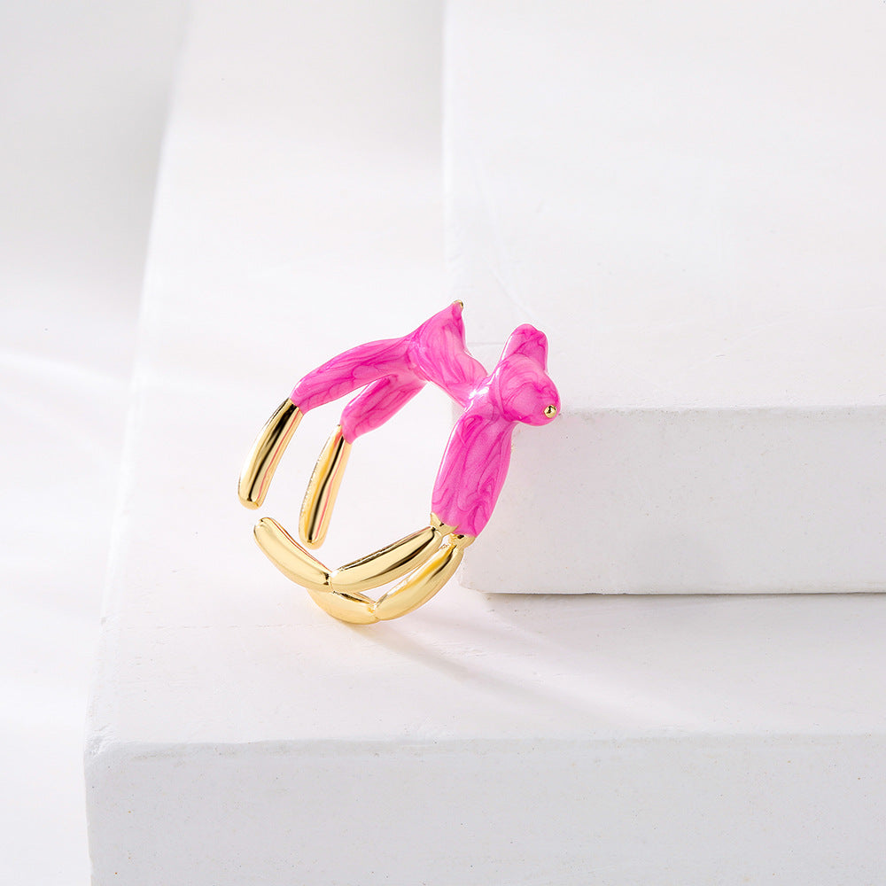 INS Style Abstract Animal Shaped Adjustable Ring in Copper with 18K Gold Plating and Enamel Finish for Women