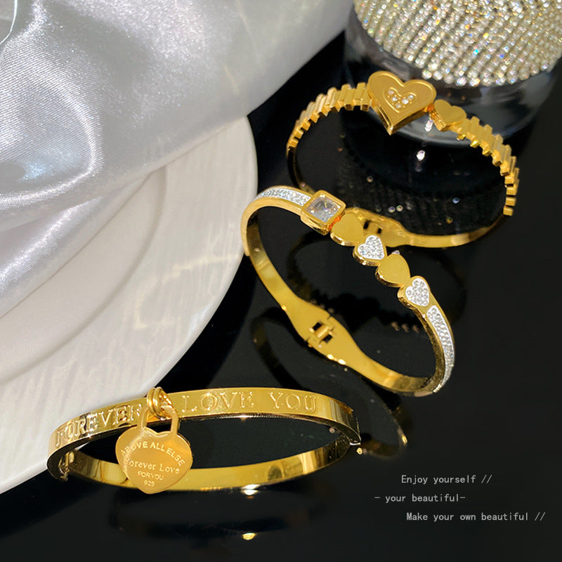 Minimalist Sweet Heart Rhinestone Inlaid Titanium Steel Plated Spring Open Bangle