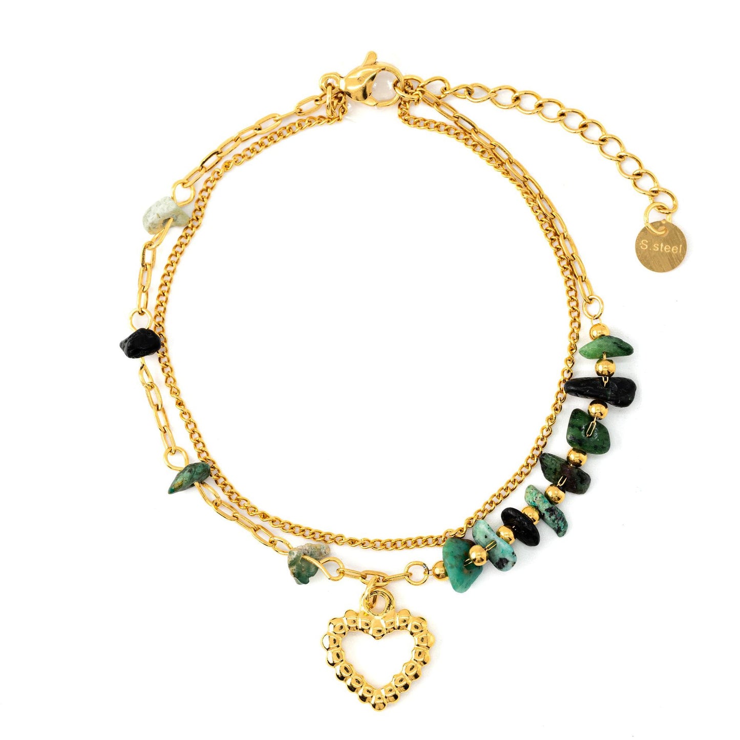Minimalist Heart-Shaped Stainless Steel Bracelet with 18K Gold Plating and Natural Stone Beads