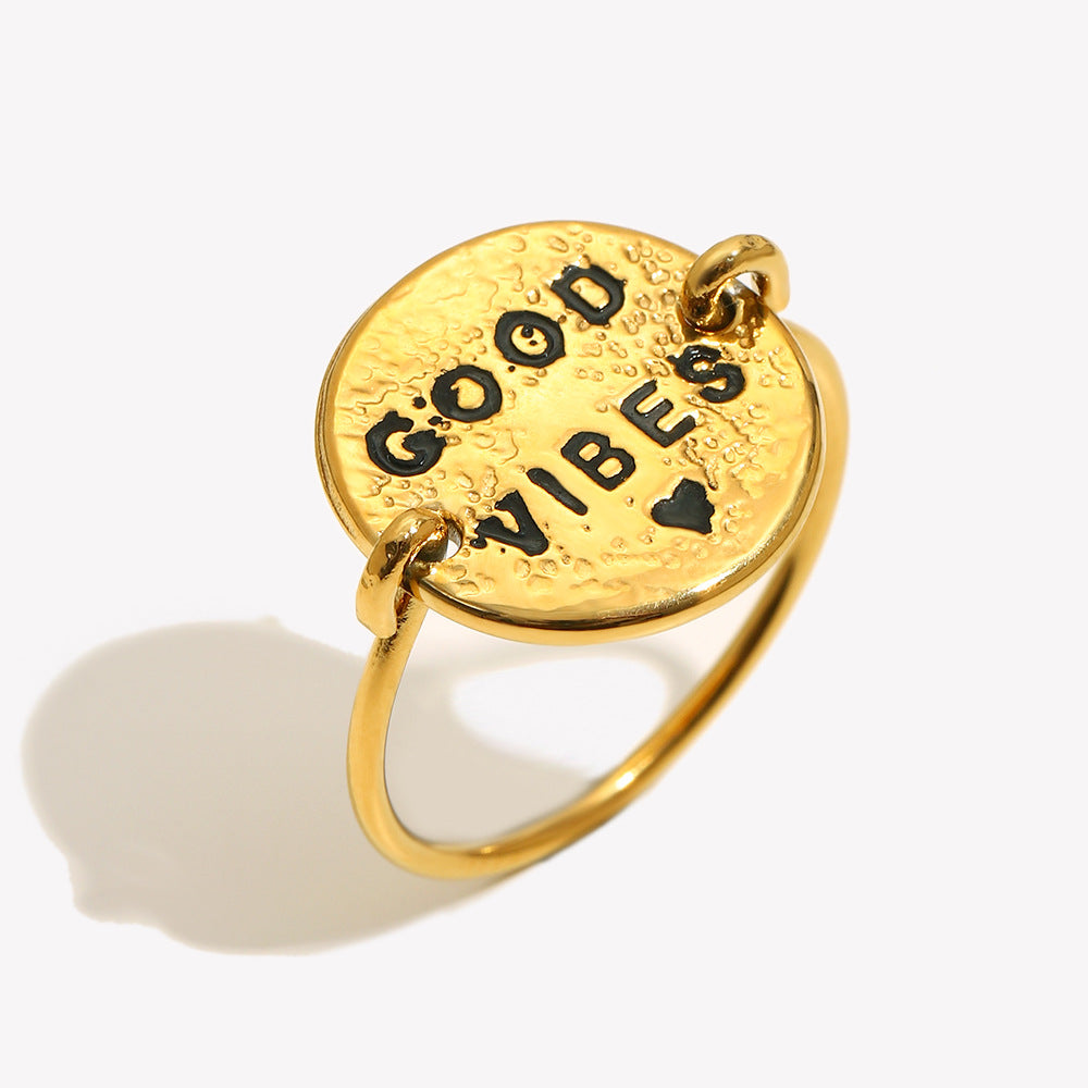 Anello rotondo con lettera placcato oro 18 carati in acciaio inossidabile, stile vintage francese minimalista, da donna