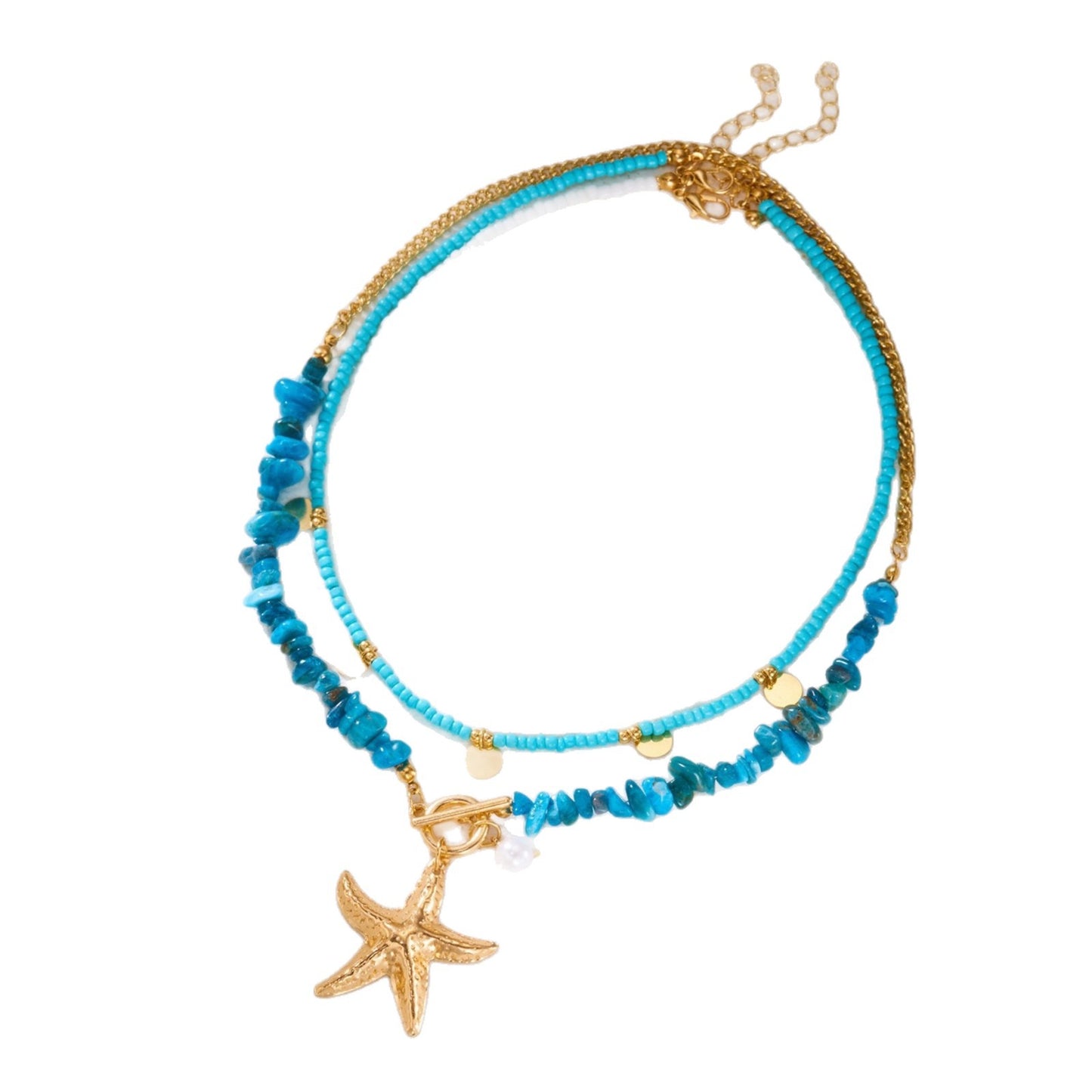 Sweet Geometric Star Alloy Plated Necklace with Irregular Chip Beads and Seahorse Pendant for Women