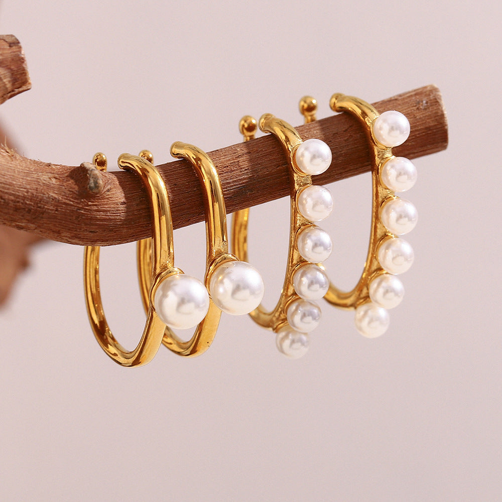 Minimalist Geometric Stainless Steel Ear Clips with 18K Gold Plating and Single Pearl Accent for Women