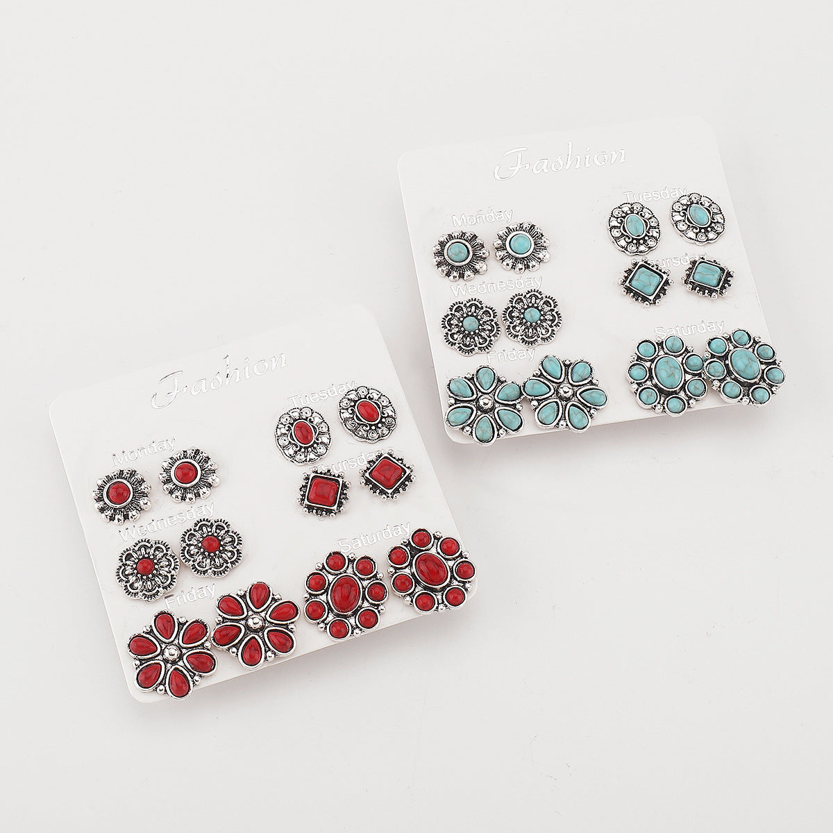 Pendientes Étnicos Vintage de Círculo Grande Geométrico Floral Turquesa con Incrustaciones y Acabado Chapado para Mujer
