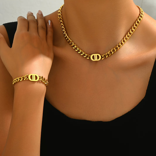 Geometric Minimalist Zinc Alloy Cuban Chain Necklace and Bracelet Set for Women with Plated Finish