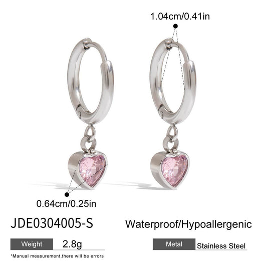 Elegantes aretes de corazón geométrico de acero inoxidable con baño de circonitas cúbicas para mujer