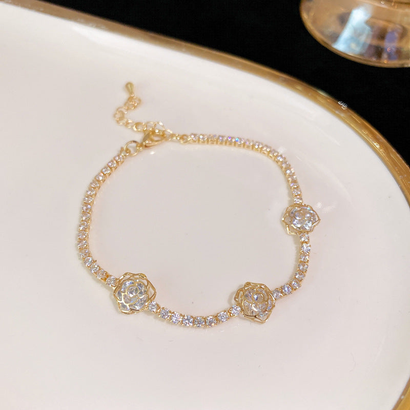 Elegant Geometric Brass Bracelet with Cubic Zirconia Inlay, Adjustable Plated Women's Jewelry