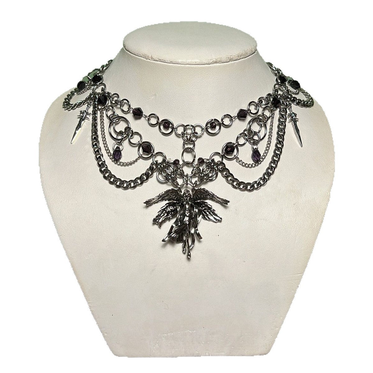Collar con colgante de ángel estilo gótico para mujer con alas geométricas, cadena de medallón bañada en aleación de metal