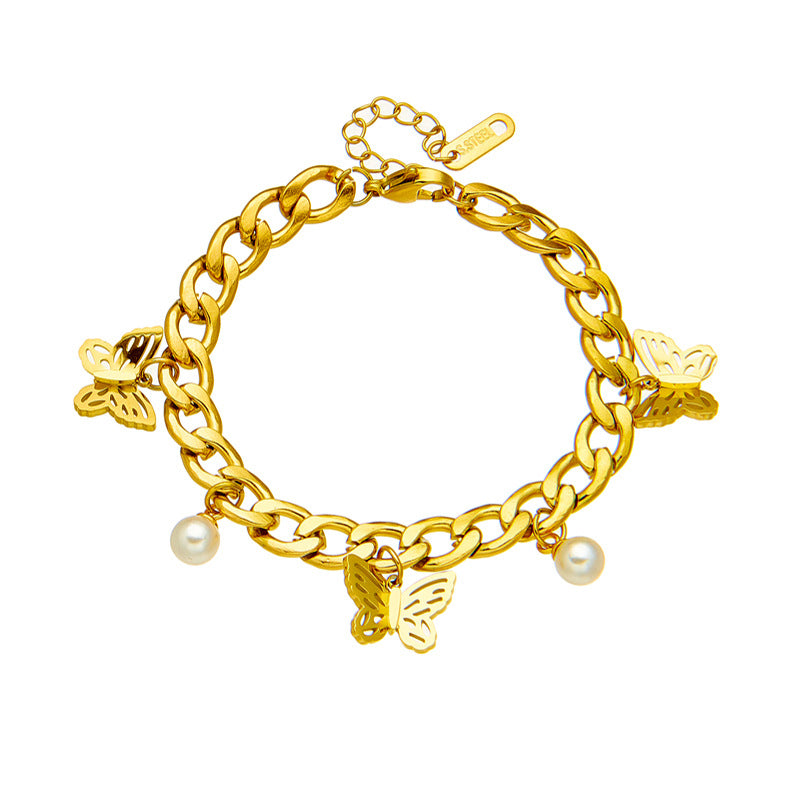 Collar Minimalista Retro con Colgante de Mariposa en Acero de Titanio con Acabado Chapado y Acentos de Perlas