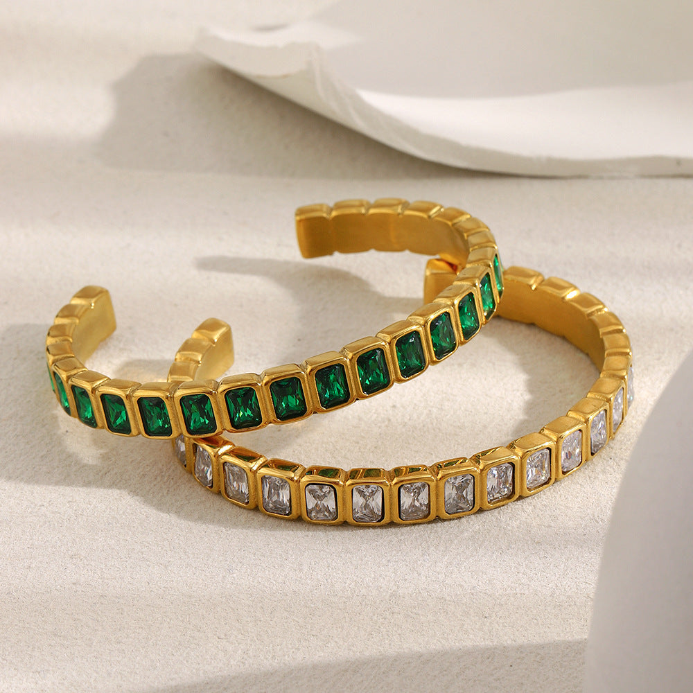 Minimalist Geometric Stainless Steel Bracelet with 18K Gold Plating and Full Zirconia Inlay for Women