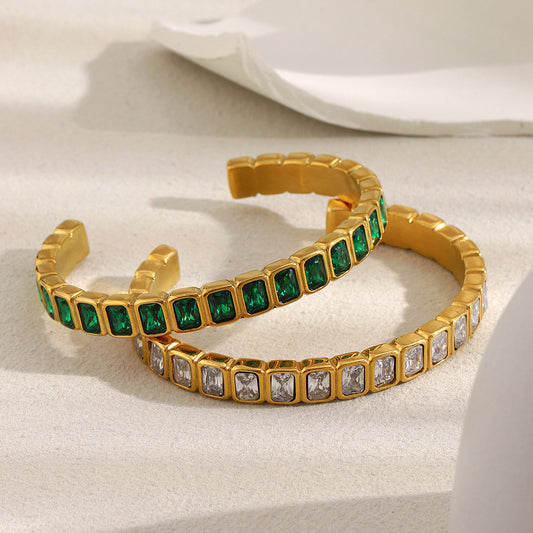 Bracciale geometrico minimalista in acciaio inossidabile con placcatura in oro 18K e intarsio completo in zirconi per donna