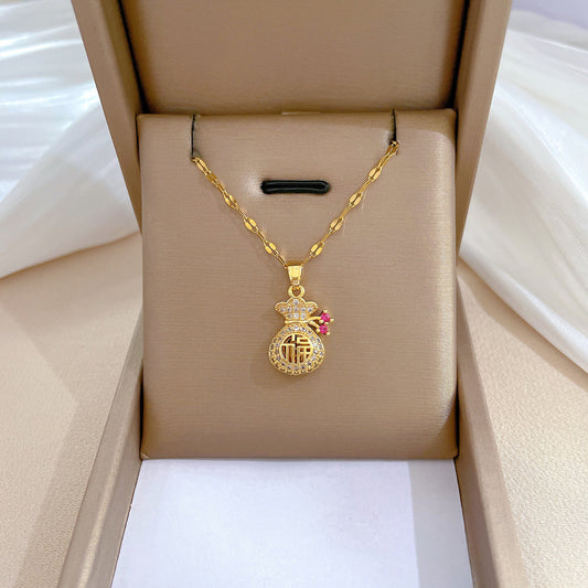 Sweet Fresh Geometric Titanium Steel Lip Chain Pendant Necklace with Rhinestone Inlay and Chinese Fu Character Motif