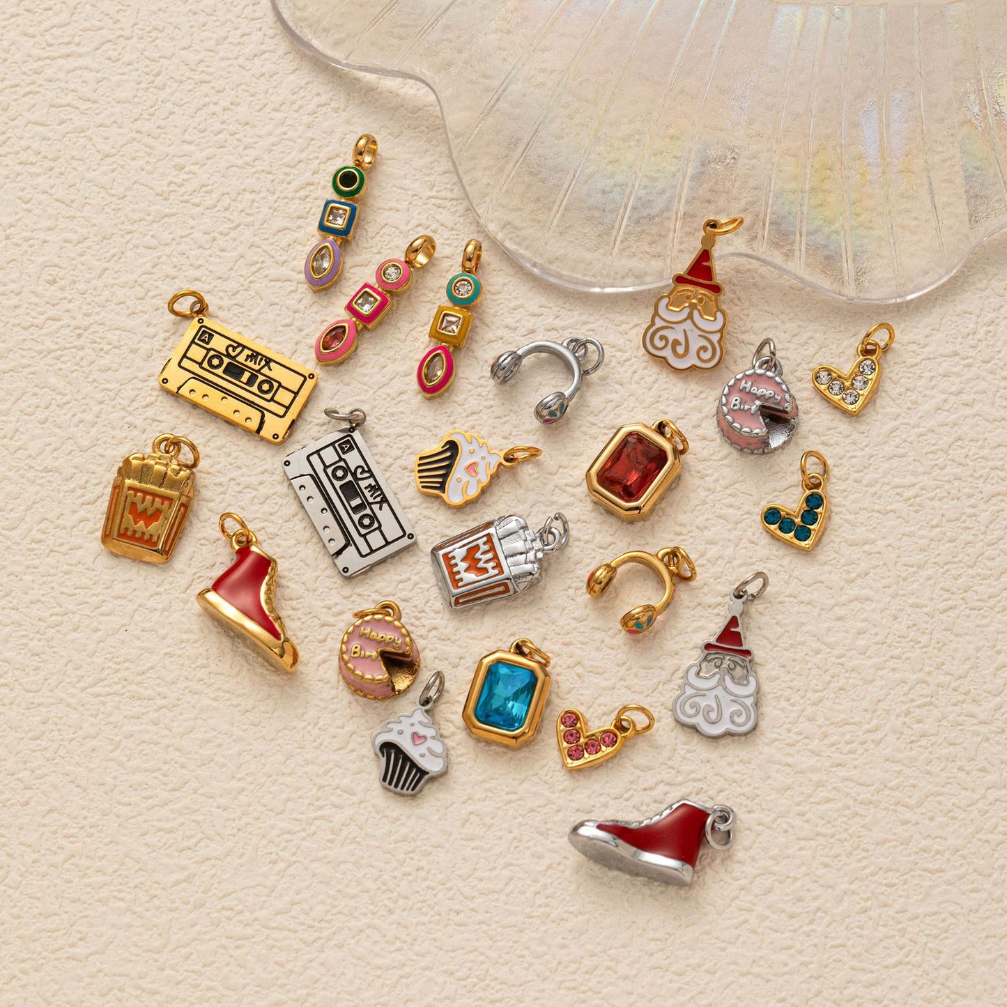 Plated Stainless Steel Necklace with Rhinestone and Gemstone Accents Featuring Cassette, Cake, Cloud, Shoe, Fries, and Headphone Charms