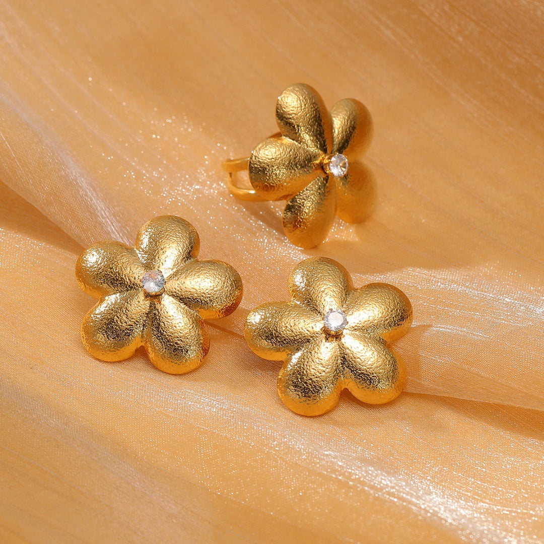 Vintage Floral-Shaped Titanium Steel Earrings and Ring Set for Women with Rhinestone Inlay and Plated Finish