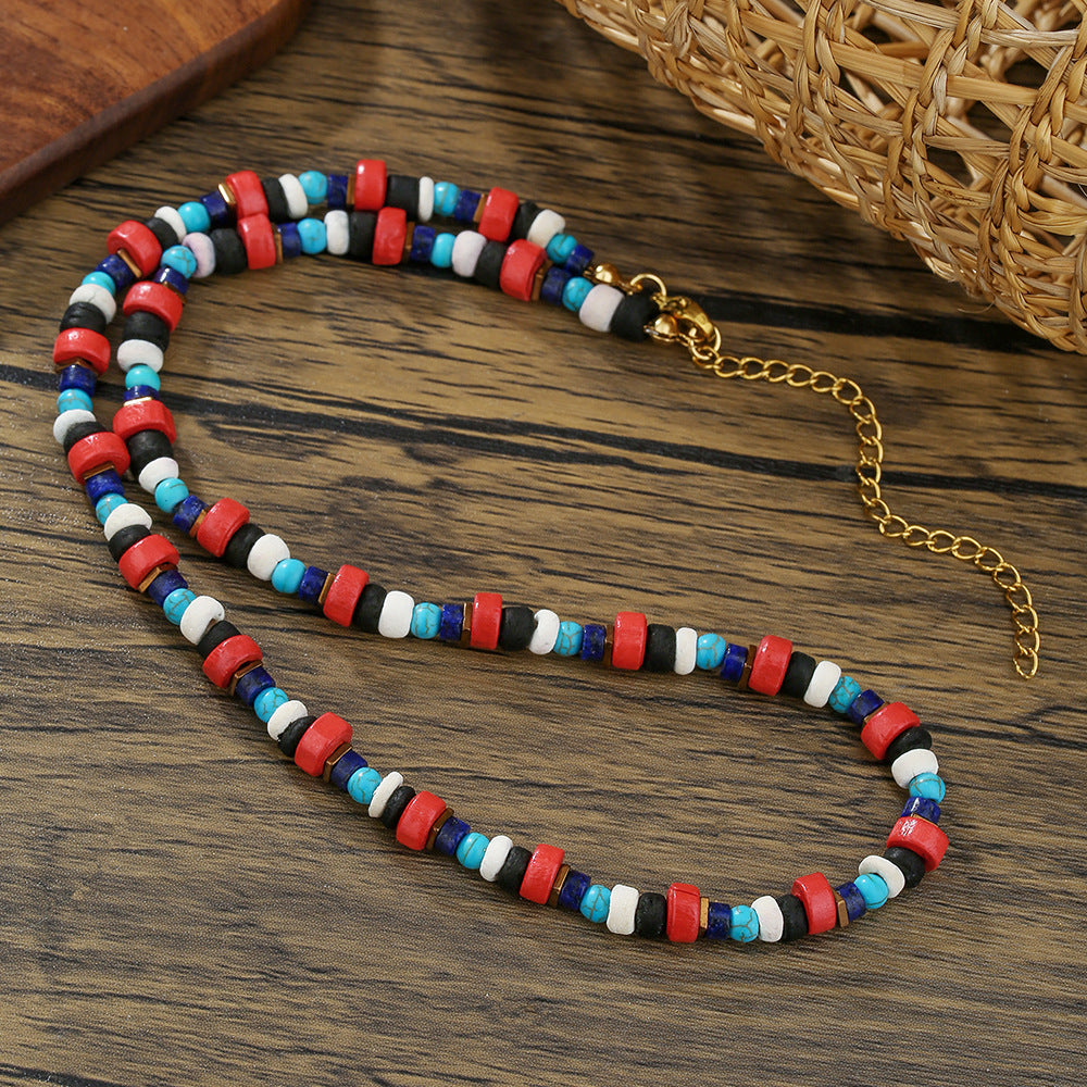 Handmade Geometric Wood and Turquoise Beaded Necklace with Cable Chain for Unisex Summer Beach Wear