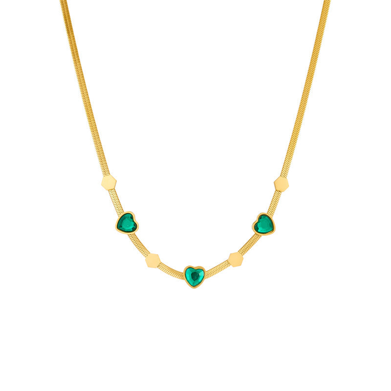 Collar Colgante Hexagonal Geométrico Vintage con Dije de Corazón Incrustado de Diamantes de Imitación en Cadena de Serpiente de Acero de Titanio Bañado en Oro para Mujer