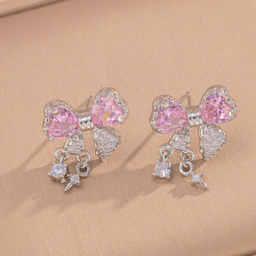 Fashionable Bowknot Pendant Necklace Set for Women in Titanium Steel with Rhinestone Inlay and O-Chain