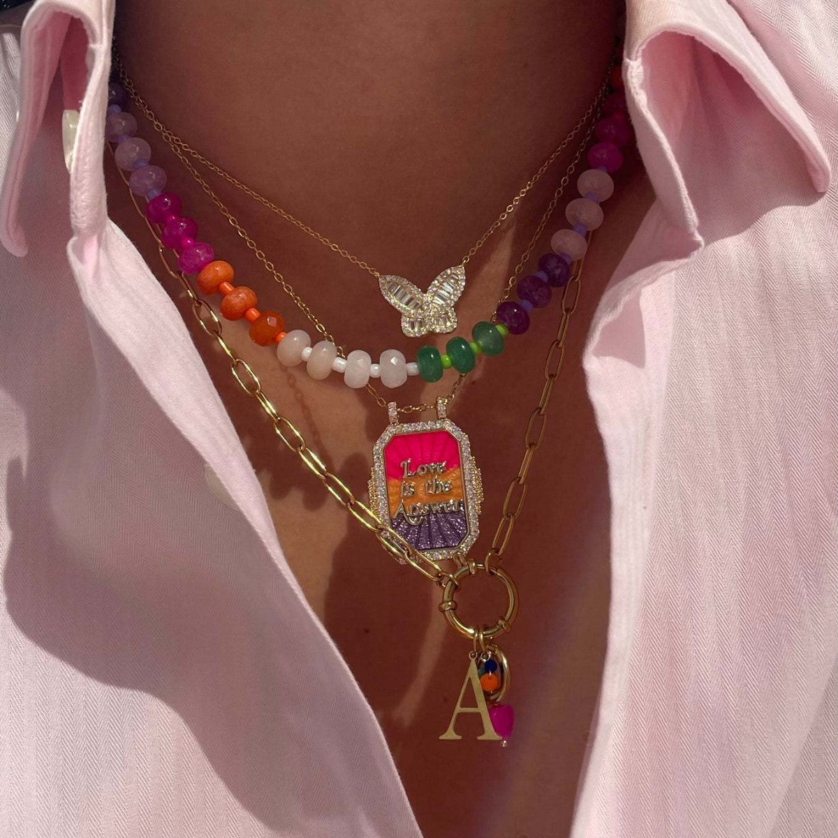 Collana Pendente Tarocchi Geometrica Vintage con Intarsio di Strass e Catena in Rame Placcato Oro