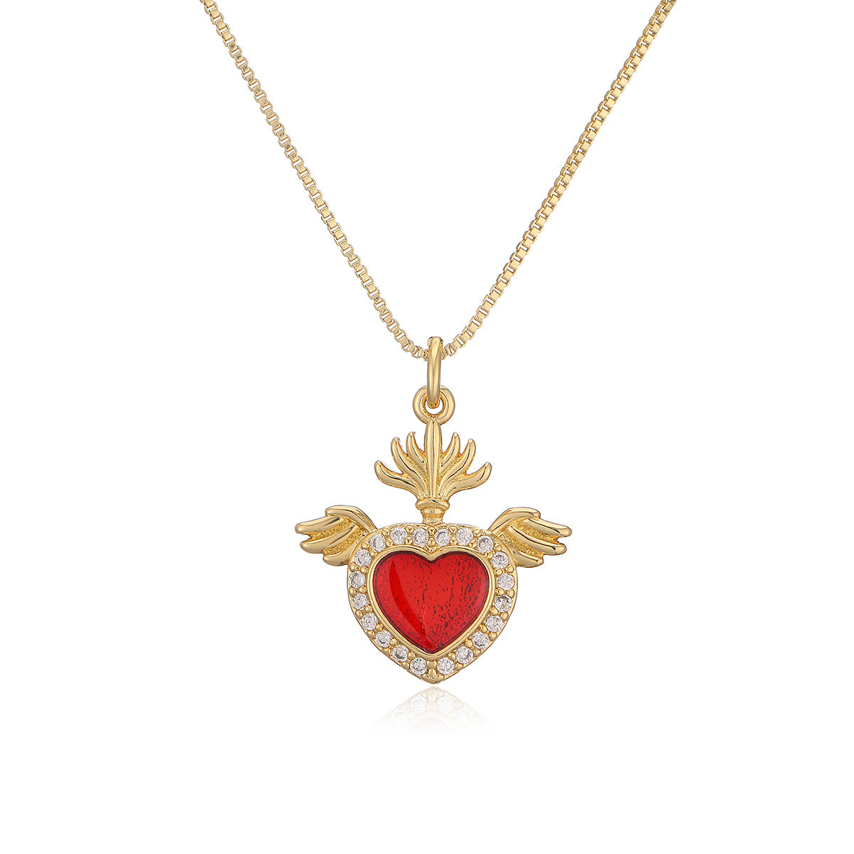 Collana da donna con ciondolo a forma di cuore in rame, intarsiato con zirconi, stile minimalista