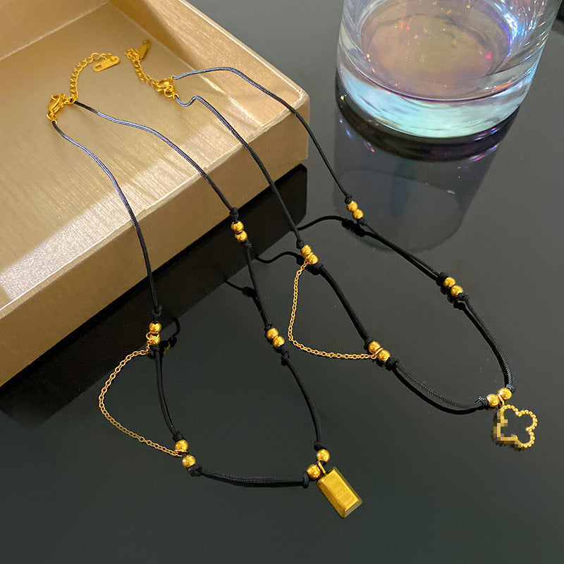Vintage Titanium Steel Square Pendant Necklace with Round Elements Plated Finish Unisex Chain