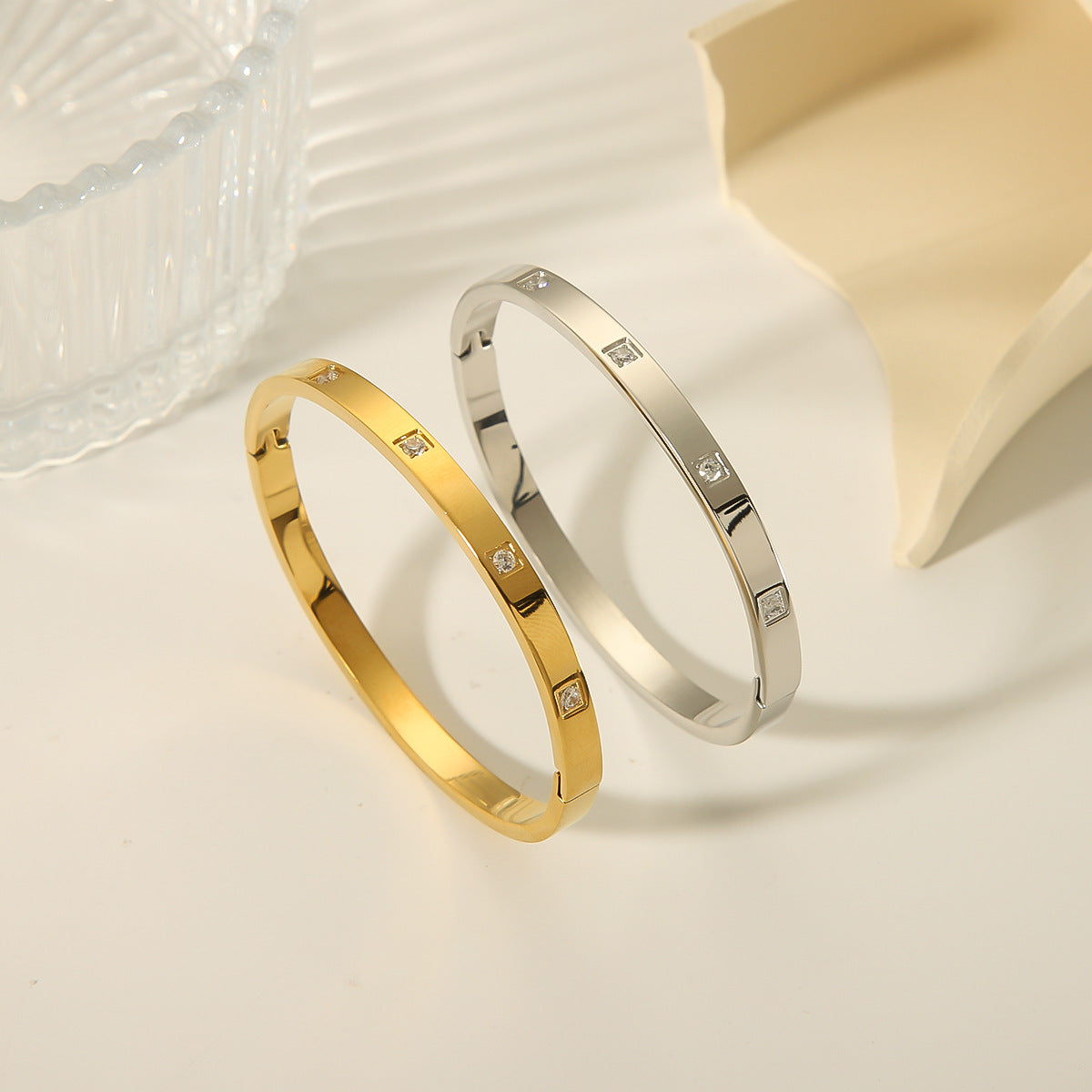 Minimalist Square Geometric Stainless Steel Cuff Bracelet with White Zircon Inlay for Women