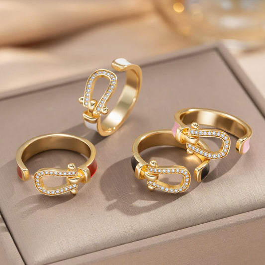 Anello regolabile da donna in rame placcato oro 18K, con micro-intarsi di zirconi smaltati, a forma geometrica di ferro di cavallo, stile minimalista vintage