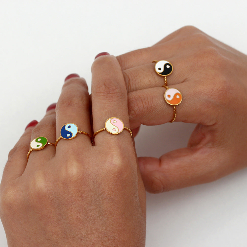 Minimalist Geometric Stainless Steel Adjustable Circle Bagua Ring with 18K Gold Plating for Women