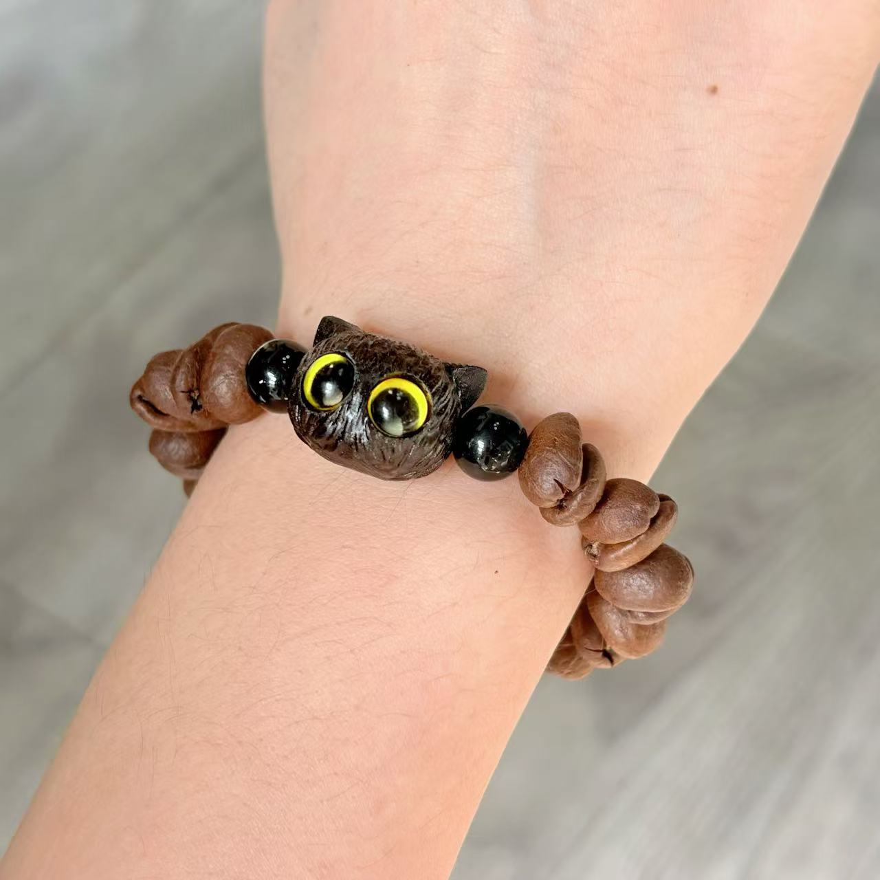 Unique Handmade Cat Animal Bracelet with Natural Wood Coconut Shell and Coffee Bean Beads