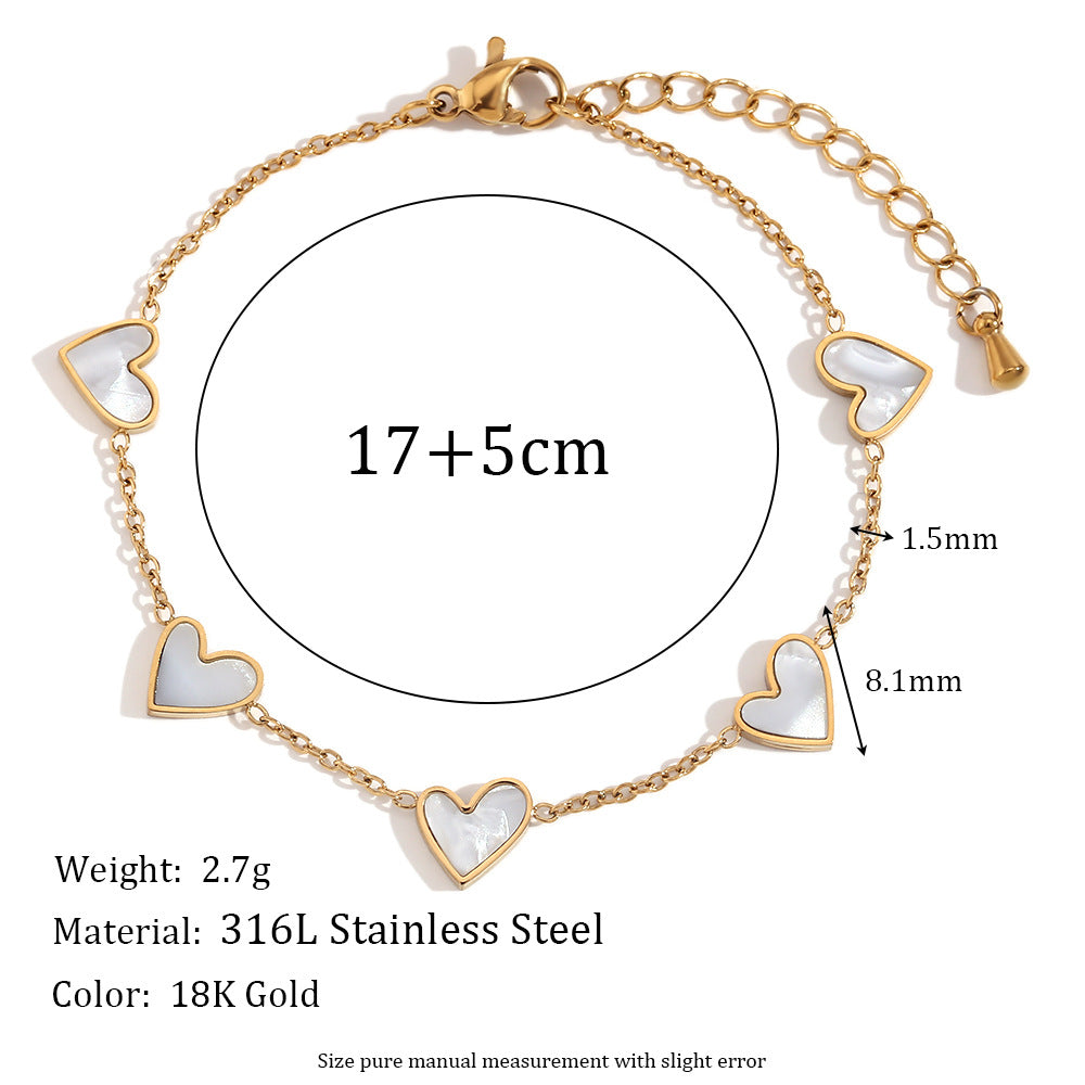 Fashionable Women's Heart-Shaped Stainless Steel Plated 18K Gold White Abalone Bracelet with Geometric Accents
