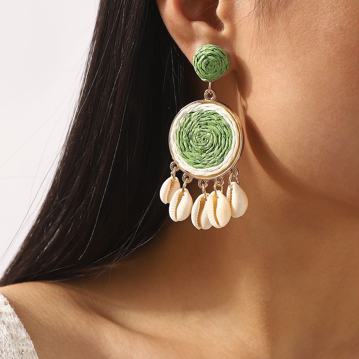 Pendientes de aleación con diseño geométrico y rafia de estilo dulce con detalles de conchas para mujer, joyería para vacaciones de verano