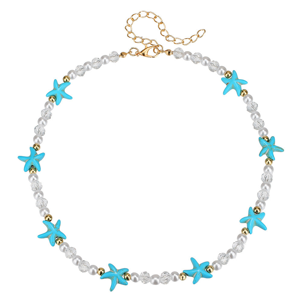 Bohemian Turquoise Starfish Pearl Crystal Necklace