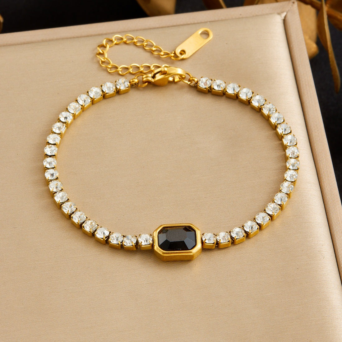 Minimalist Luxury Square Geometric Gold Plated Stainless Steel Bracelet with Cubic Zirconia for Women