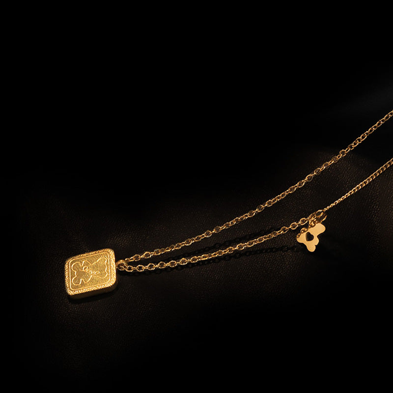 Minimalist Cute Bear Pendant Necklace in Titanium Steel with Vacuum Plating on AB Chain for Women