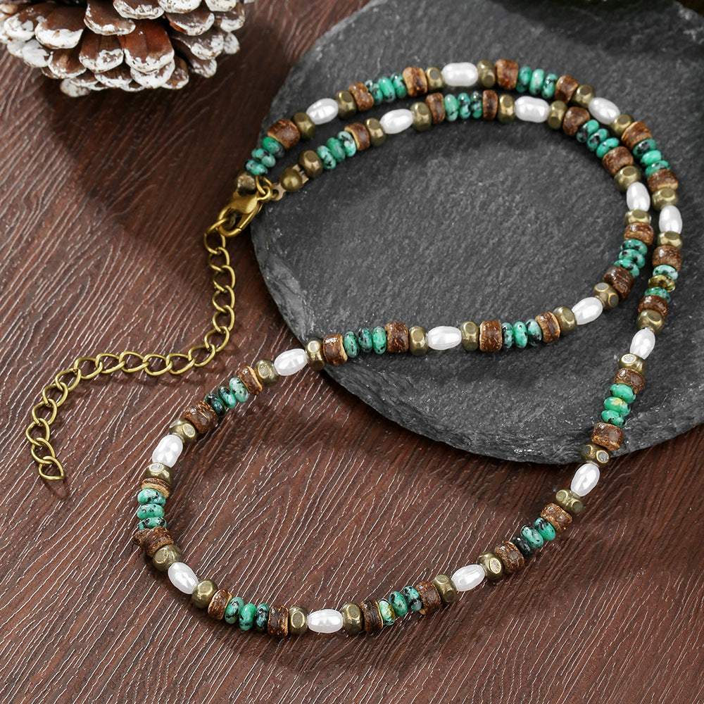 French Style Green Crystal Imitation Pearl Geometric Ball Chain Necklace for Unisex