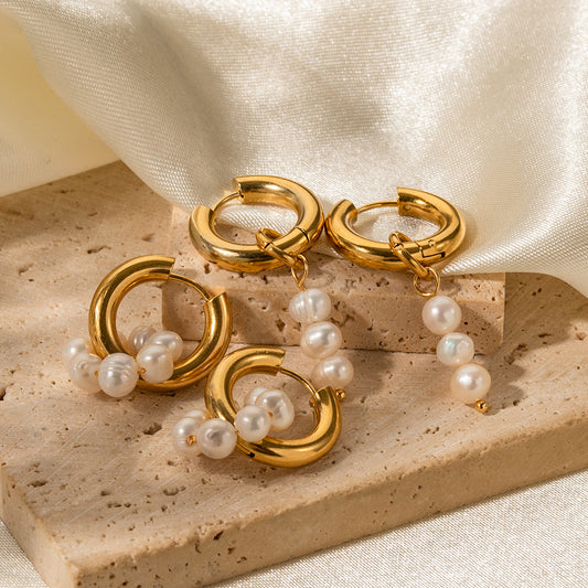 Orecchini a Cerchio Pendenti con Perle d'Acqua Dolce Ovali Asimmetriche in Acciaio Inossidabile con Placcatura in Oro 18K
