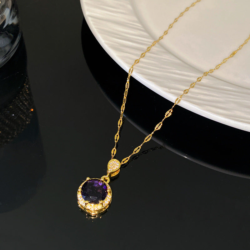 Sweet Elegant Round Geometric Micro-Inlaid Colorful Cubic Zirconia Brass Pendant Titanium Steel Necklace for Women and Men
