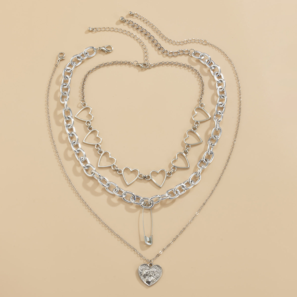 Hip-hop Sweet Geometric Heart Engraved Zinc Alloy Pendant Multi-layer Necklace with Iron Chain