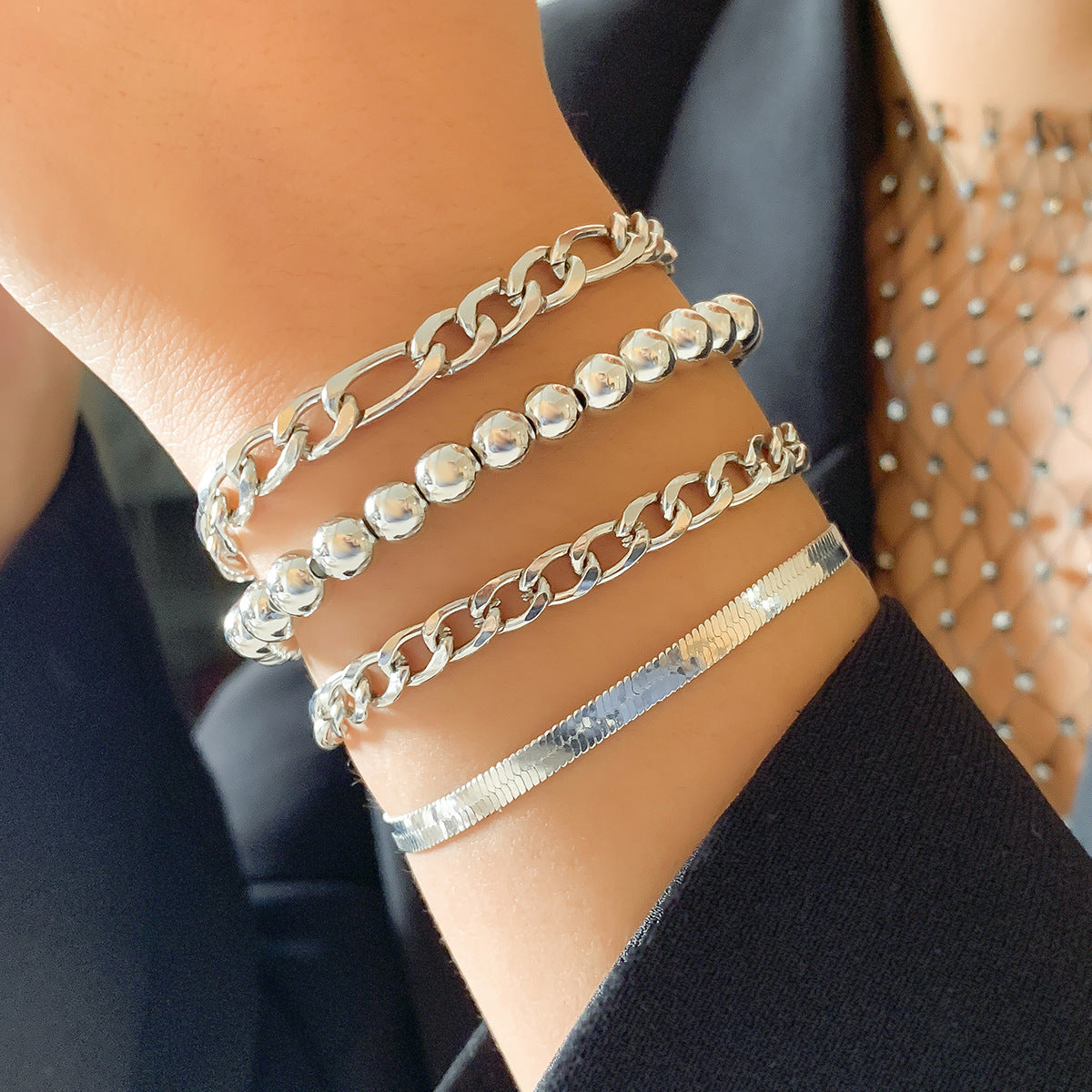 Vintage Punk Hip-hop Plated Brass Snake Chain and Ball Chain Bracelet Set for Women