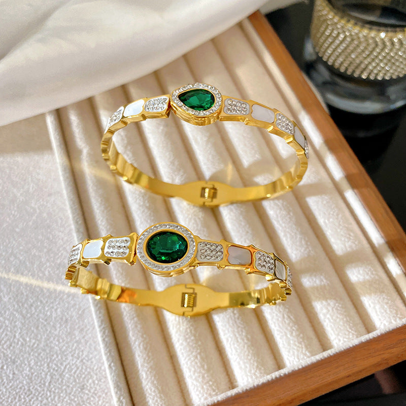 Vintage PVD Titanium Steel Teardrop Geometric Bracelet with Green Cubic Zirconia