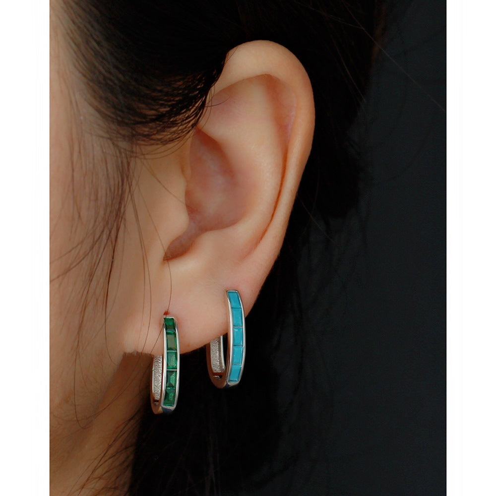 Vintage French-Style Enamel U-Shaped Earrings in Sterling Silver with Geometric Design for Women