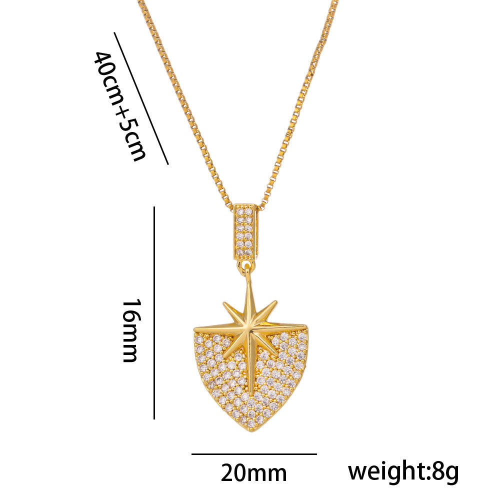 Geometric Shield Heart Pendant Necklace for Women in Titanium Steel with Rhinestone Inlay and Box Chain