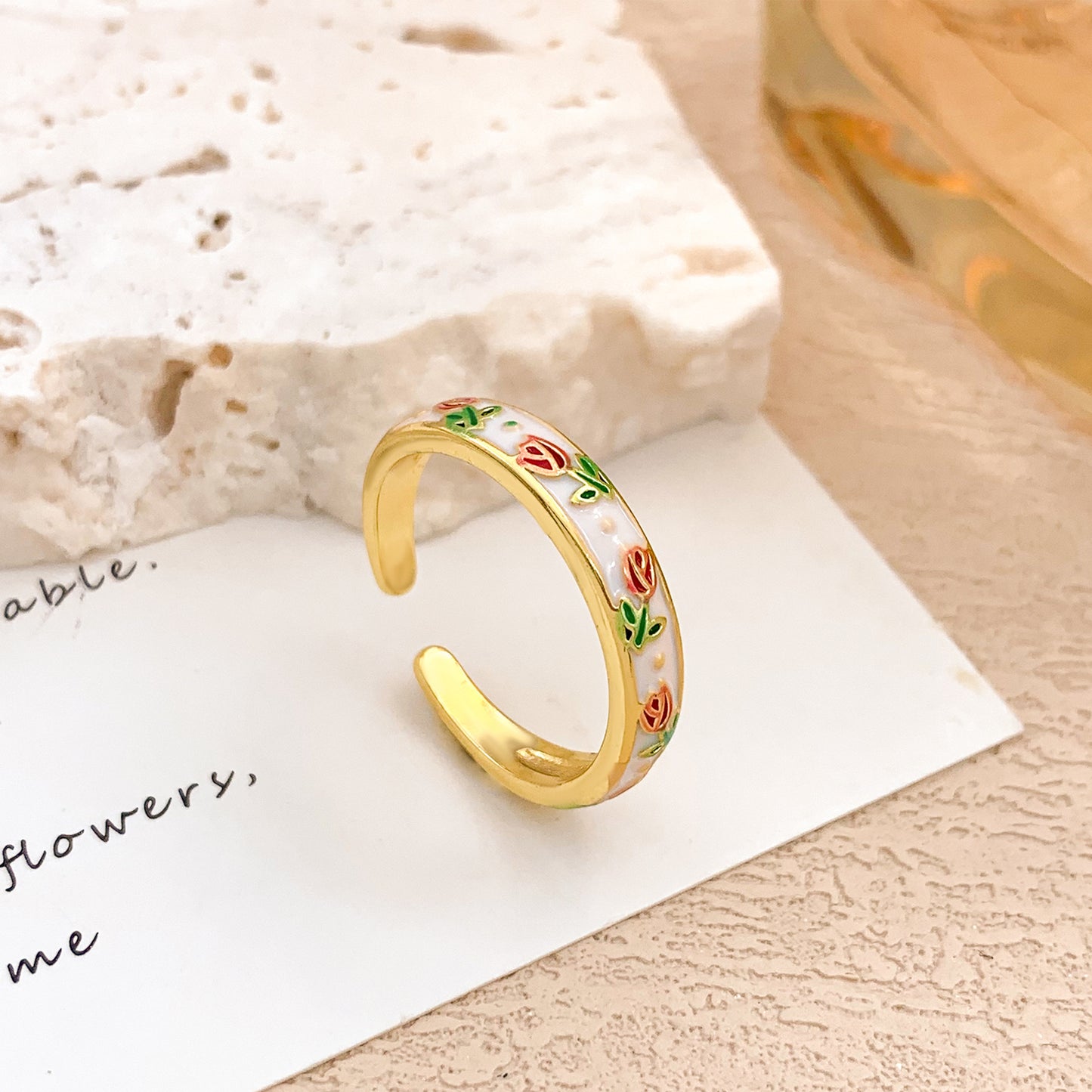 Minimalist Elegant Floral Enamel Plated Alloy Adjustable Ring for Women