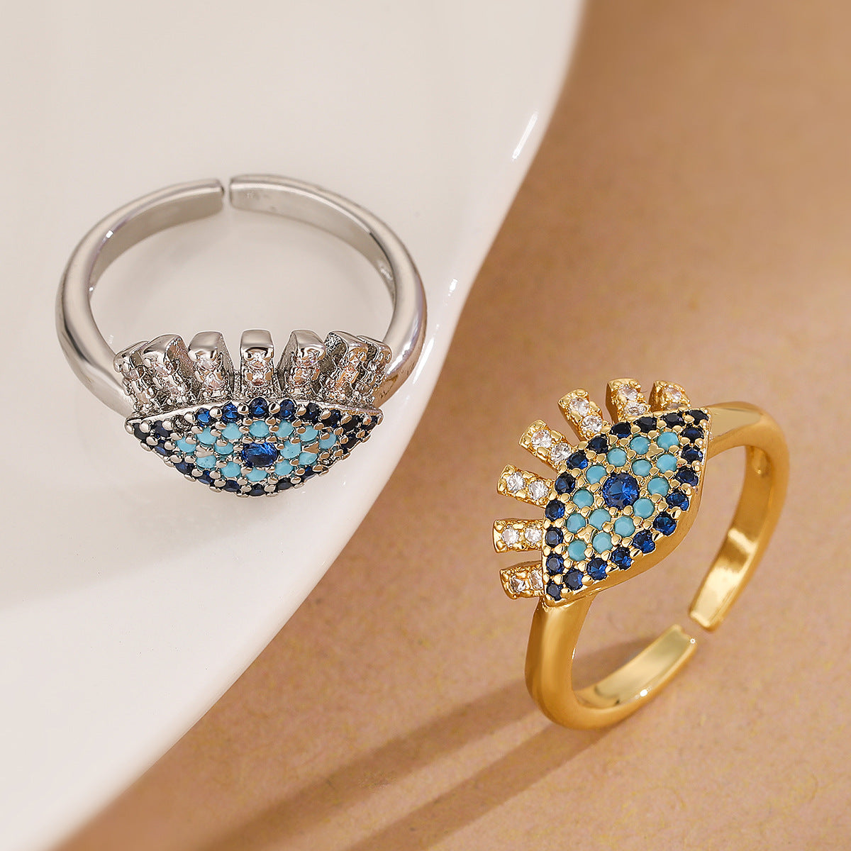Minimalist Geometric Evil Eye Ring for Women in Brass with Gold Plating and Micro-Pave Zirconia