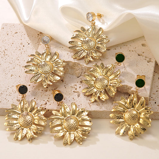 Exaggerated Vintage Stainless Steel Sunflower Stud Earrings with Rhinestone Inlay for Women