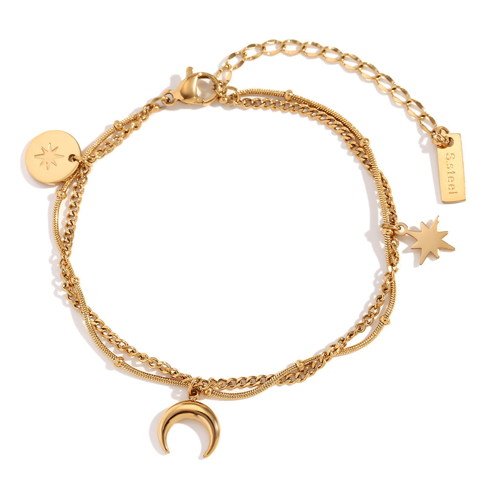 Vintage-Style Geometric Moon and Eight-Pointed Star Pendant Necklace Set in Stainless Steel with 18K Gold Plating for Women